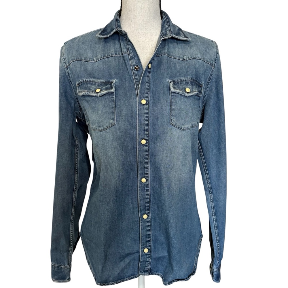 The Kooples Fitted Denim Shirt Long Sleeve Snap Button Blue Jean Size Small